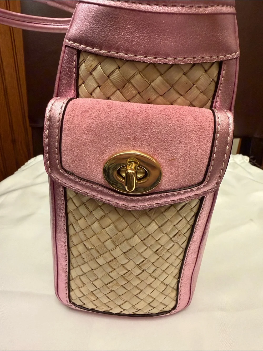 Vintage Coach Summer Satchel w/ Pink Metallic Leather, Suede & Gold Hardware